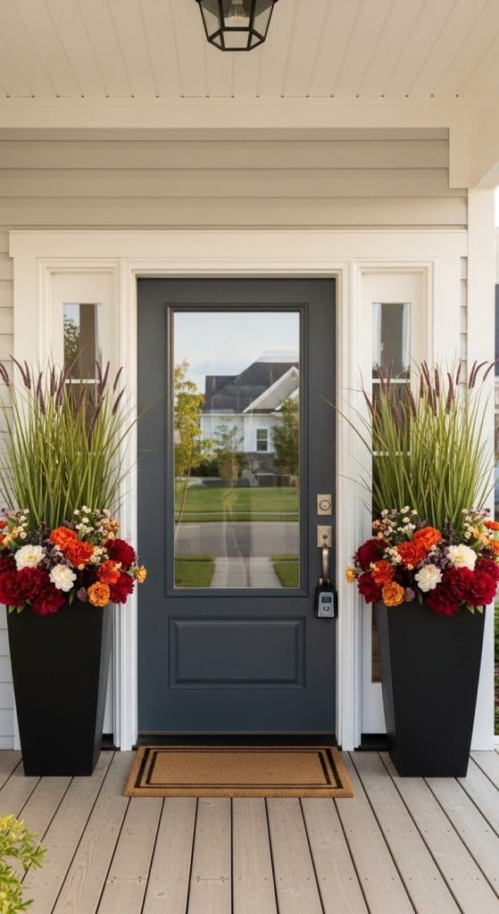 two tall black planters with fake outdoor flowers and tall grass