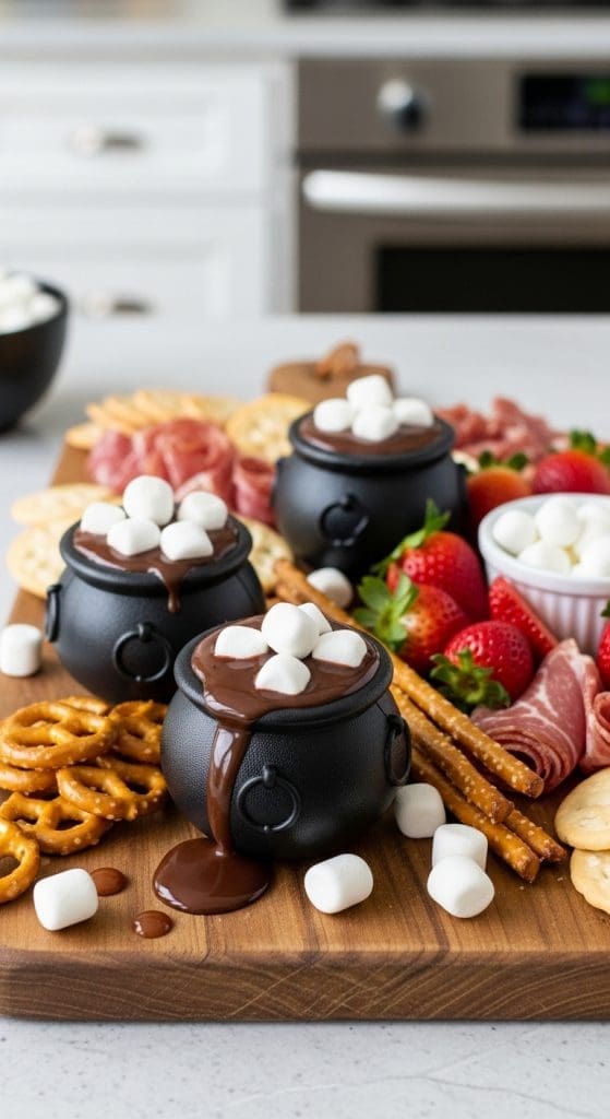 small black plastic cauldrons filled with melted chocolate and marshmallows