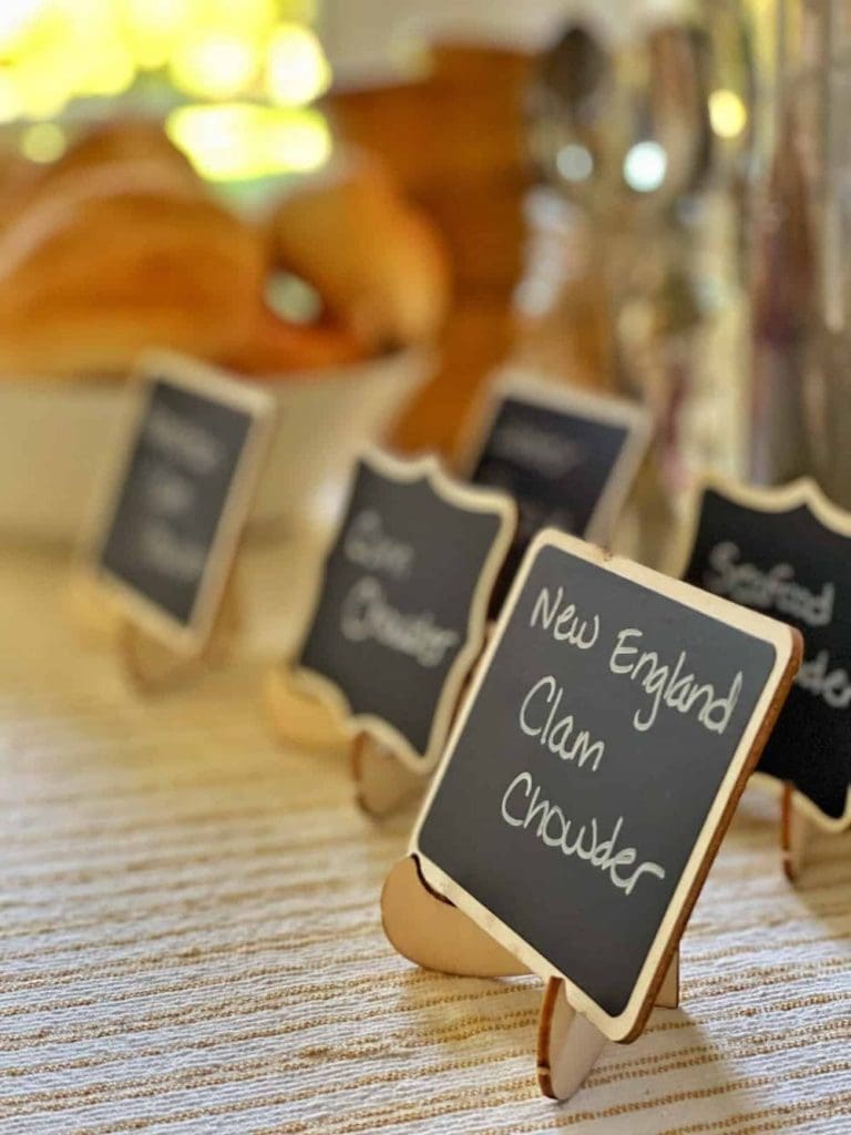 mini chalkboard labels for food at a potluck
