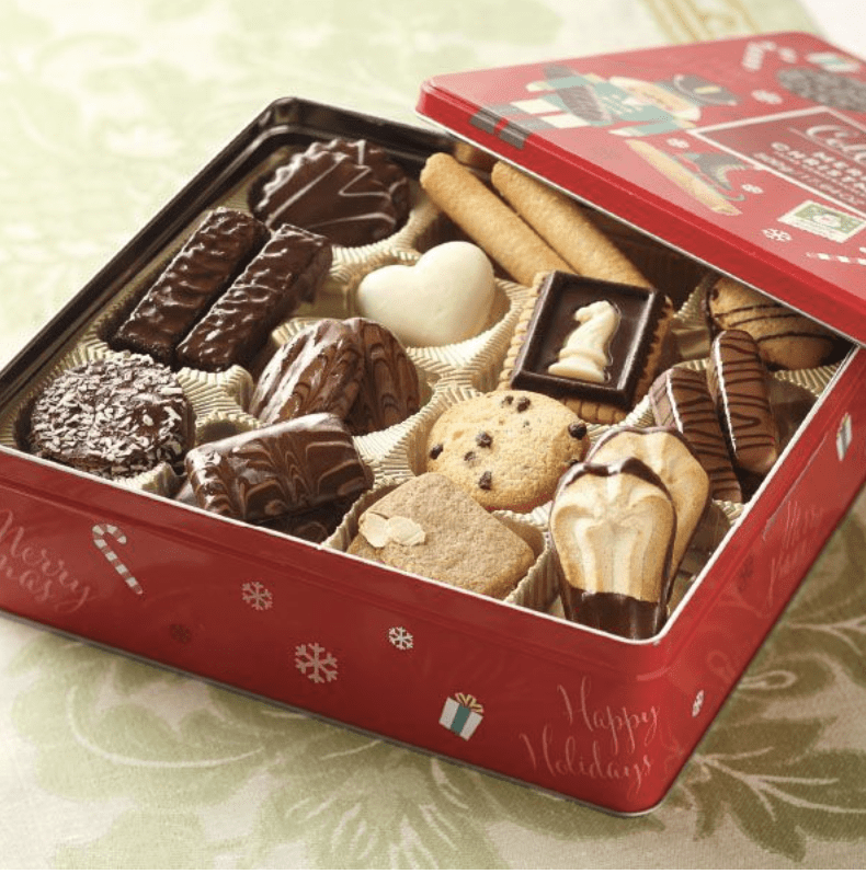 holiday tin of biscuits in red box