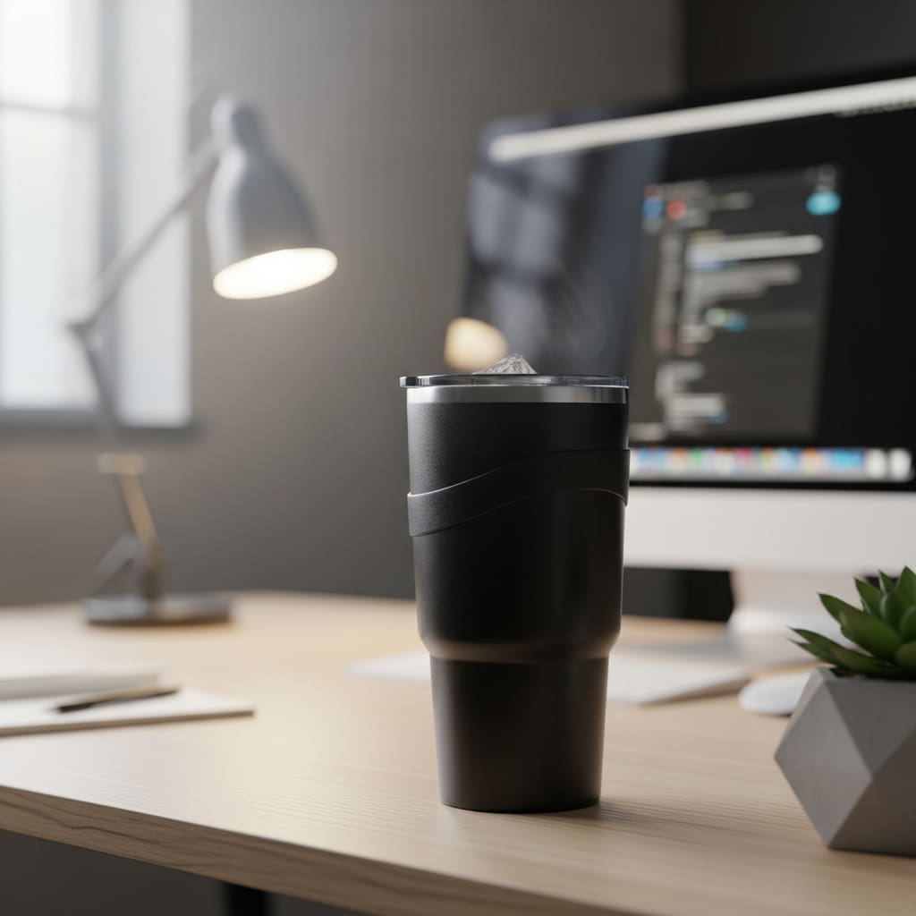 black travel mug on a desk 