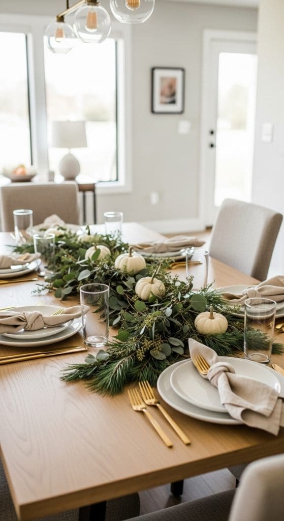 Green leaf garland with white pumpkins on a thanksgiving table