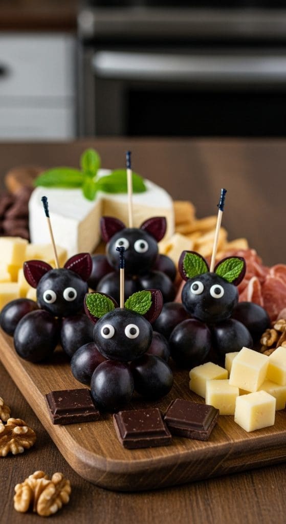 Black cats made from black grapes on a Halloween charcuterie board