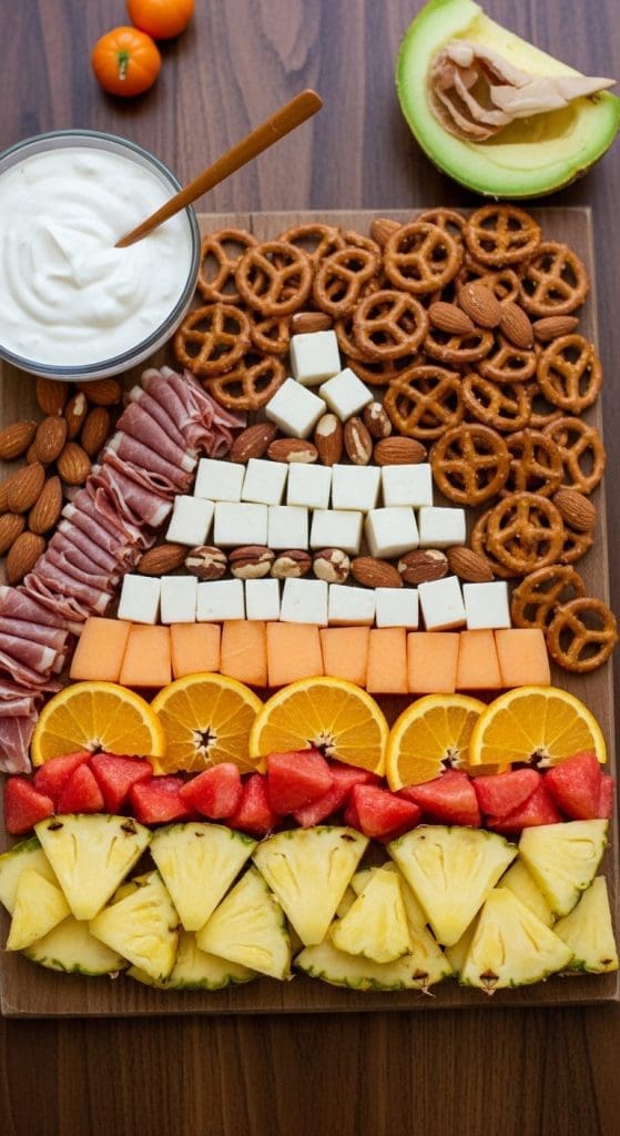 Halloween charcuterie board made with pretzels and blocks of cheese in the shape of a candy corn