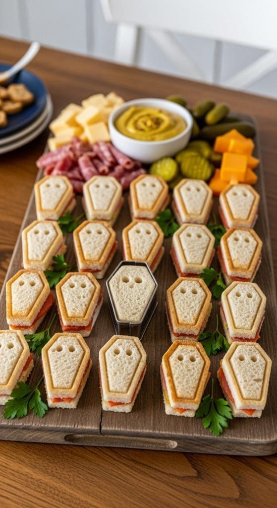 Sandwiches cut to look like coffins using a metal cookie cutter