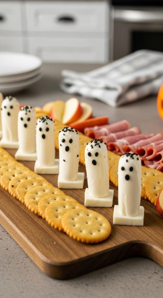 Ghosts made from mozzarella sticks on blocks of cheese