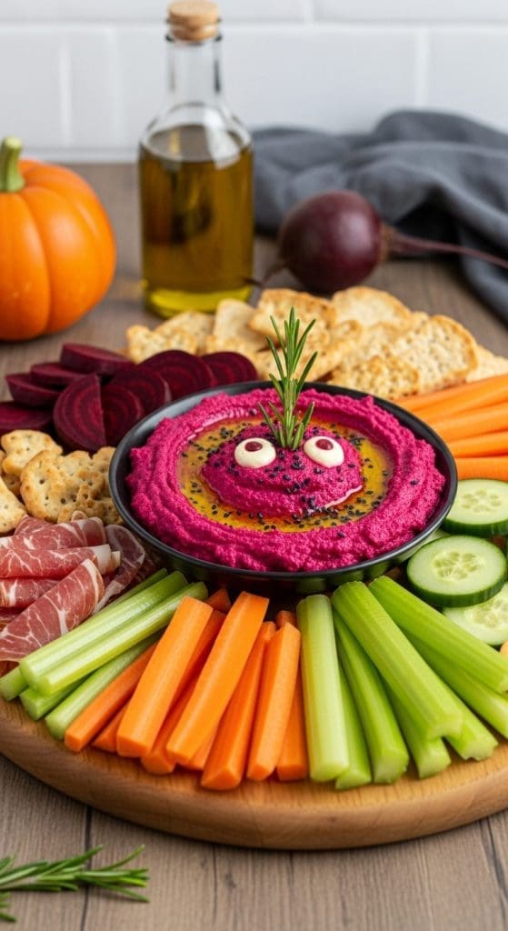 red hummus in a black bowl