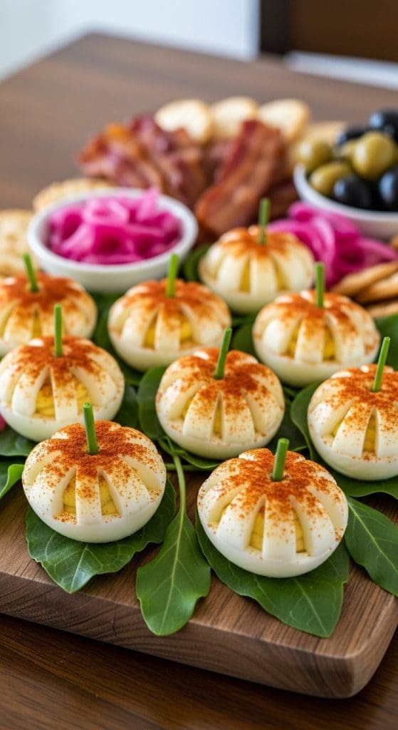 mini pumpkins made from devilled eggs on a Halloween charcuterie board