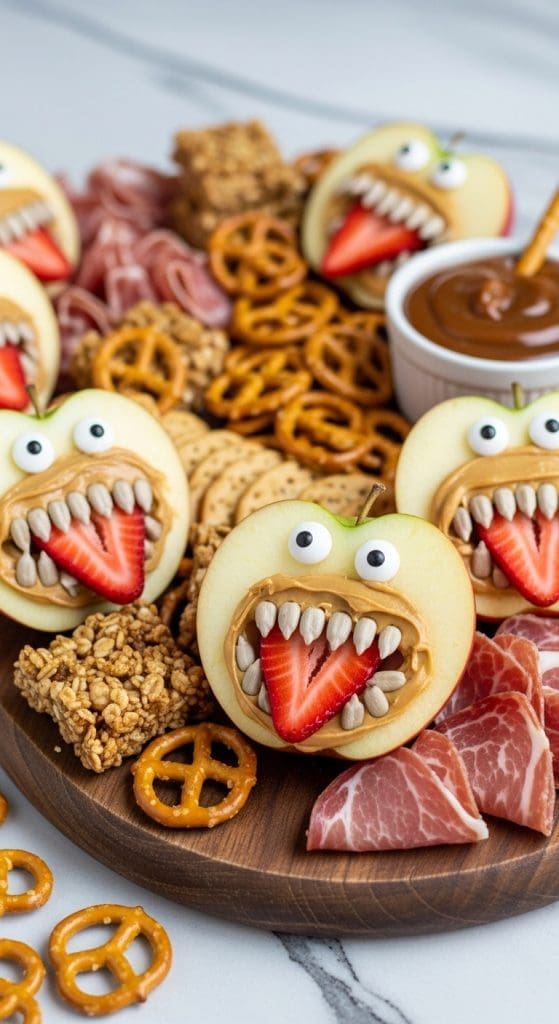 apple slices made to look like halloween monsters