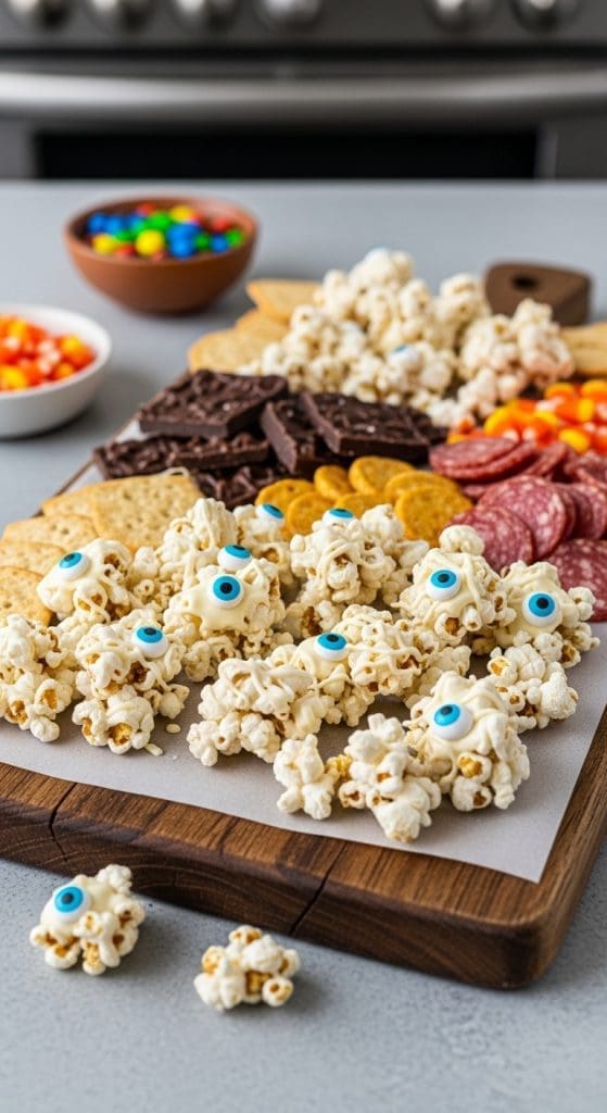 popcorn drizzled in white chocolate and faux candy eyeballs