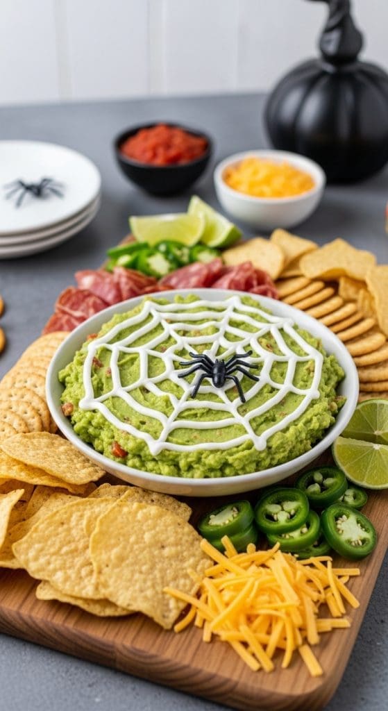 Guacamole with cream cheese spider web on top and faux spider decoration