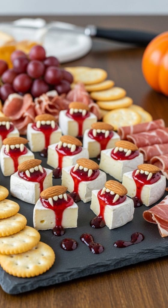 little vampire mouths made from jam almonds and seeds on a Halloween charcuterie board