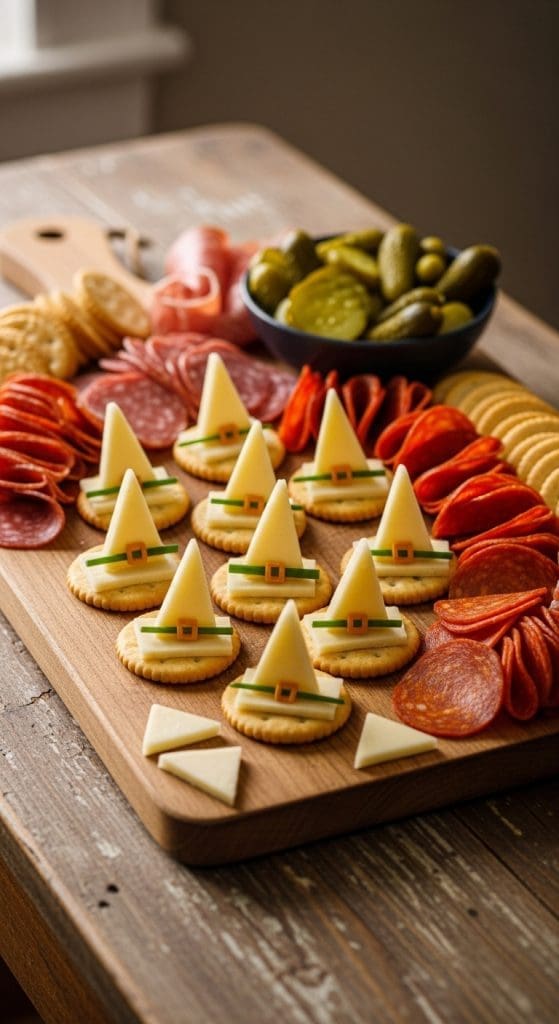 small crackers with cheese witches hats on top