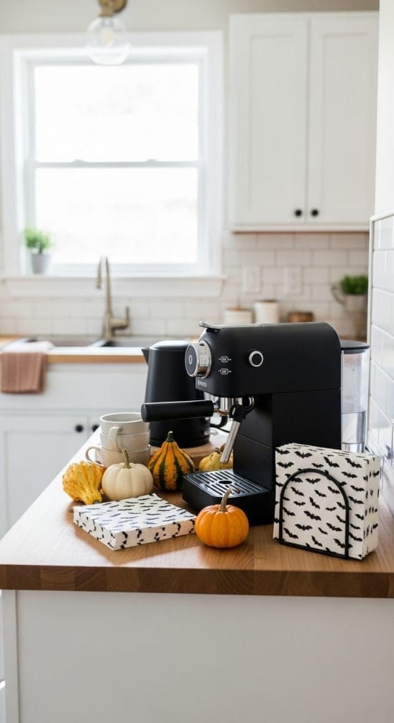 white napkins with black bats on them in simple black napkin holders
