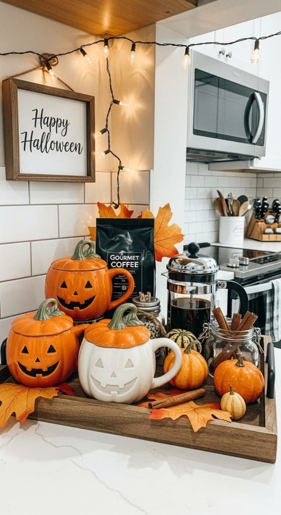 pumpkin shaped halloween mugs on tray in corner of kitchen decorated for halloween