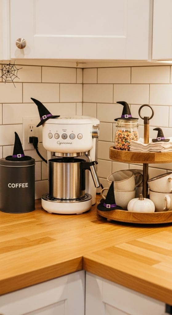 mini witches hats on a halloween themed coffee bar