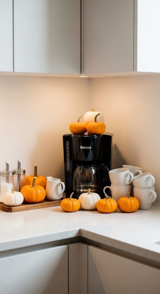 mini halloween pumpkins on a coffee bar in corner of kitchen