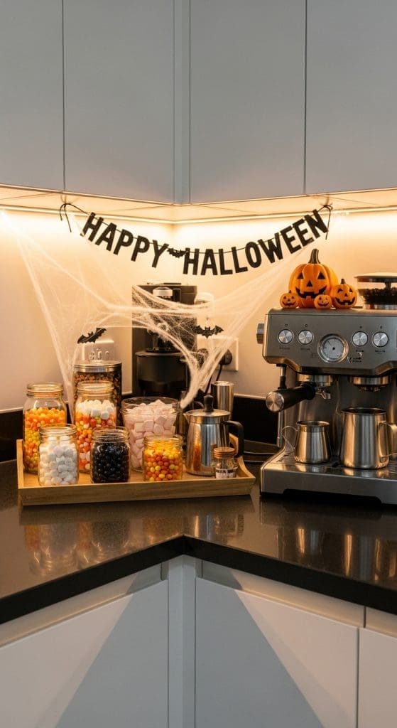glass jars with different halloween sweets at coffee bar in kitchen