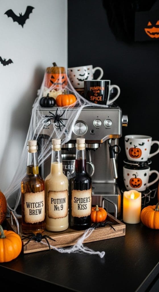 Halloween Coffee Bar decorated with different syrups in glass bottles and cobwebs