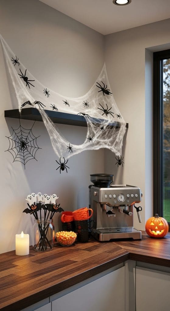 cobwebs on floating shelf decorating halloween coffee bar