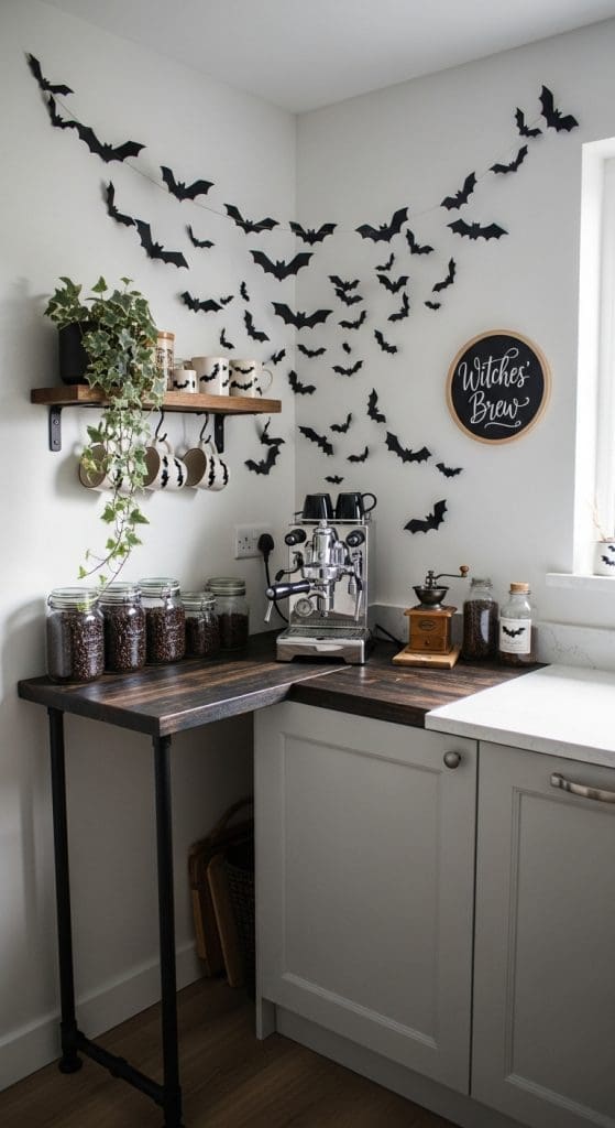 black bats on wall above modern coffee station Halloween Coffee Bar