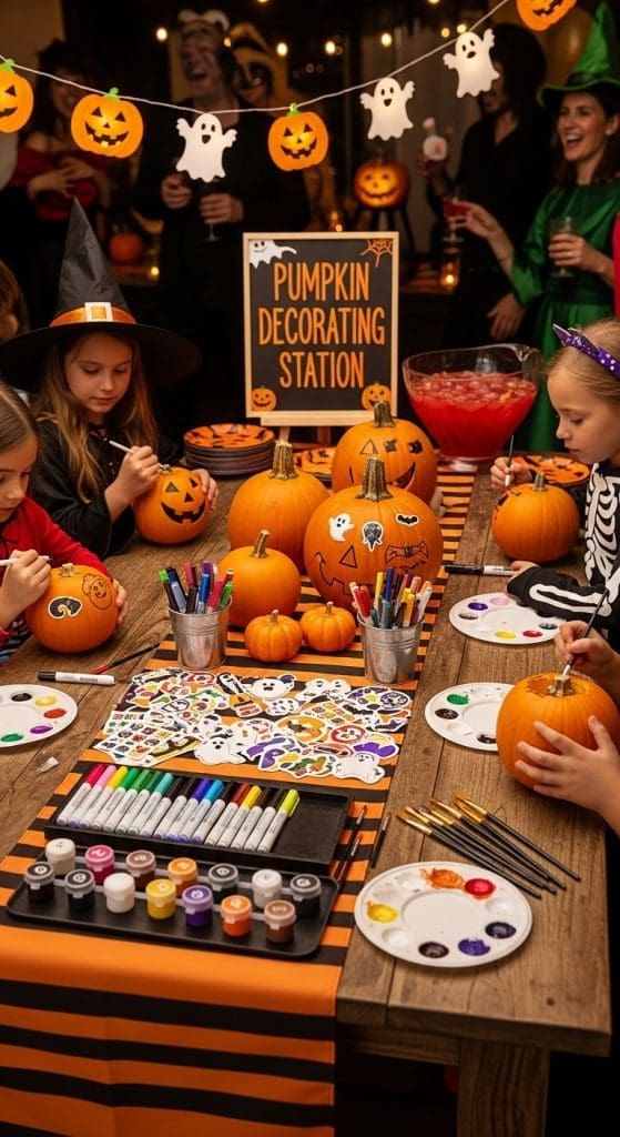 thanksgiving entertainment ideas pumpkin painting station with paints and pumpkins