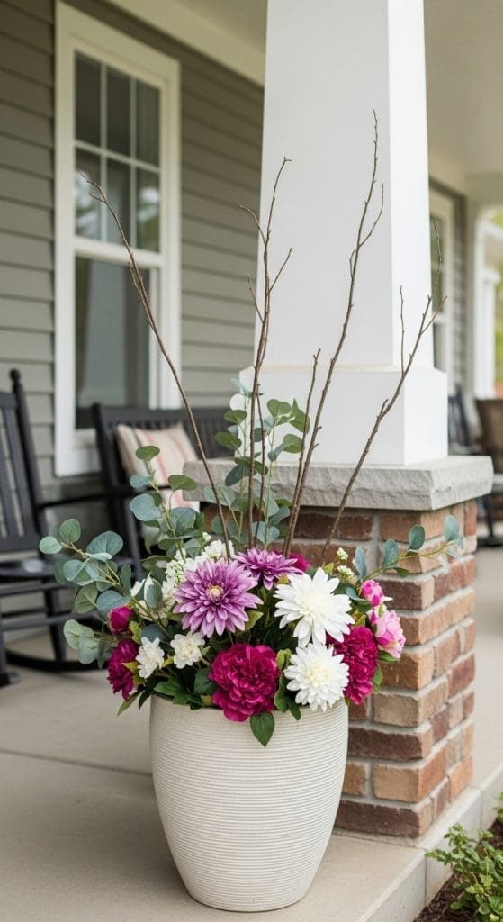 outdoor fake flower idea in a white planter with pink and white faux flowers