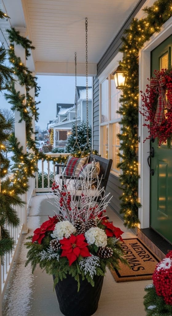 outdoor fake flower pot ideas with Christmas themed faux flowers