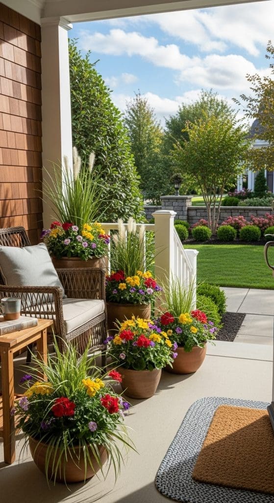 different shaped pots with flowers and tall grass inside