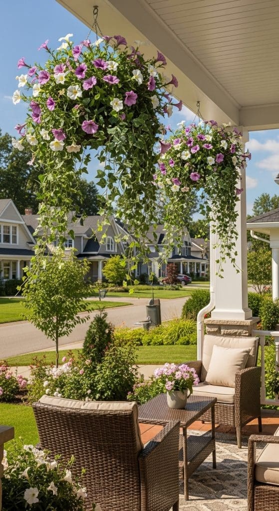 hanging baskets filled with fake flowers on front porch in summer 