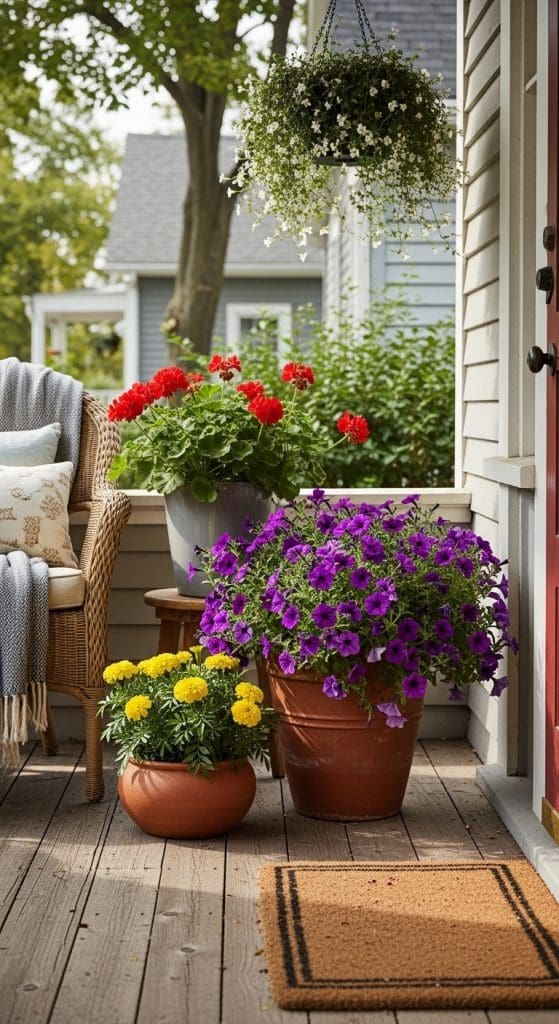 different shaped outdoor pots with different color faux flowers