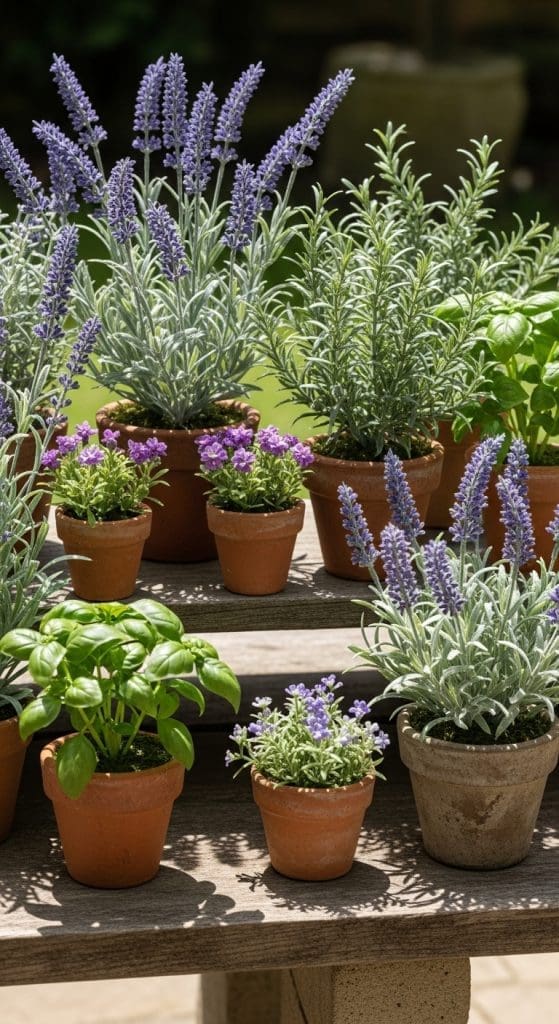 Fake herbs in terracotta planters