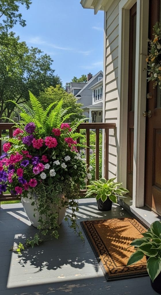 outdoor planter with faux flowers on front potch