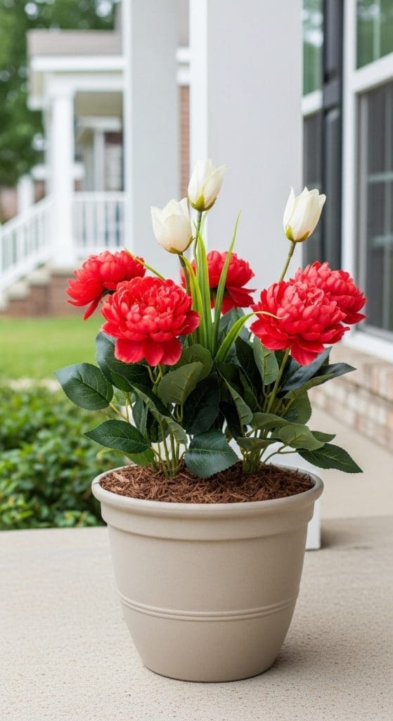 a beige pot with red and white faux flowers in mulch
