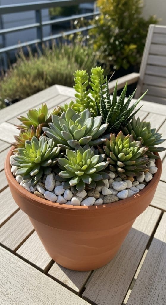 succulents in a clay plant pot on outdoor table