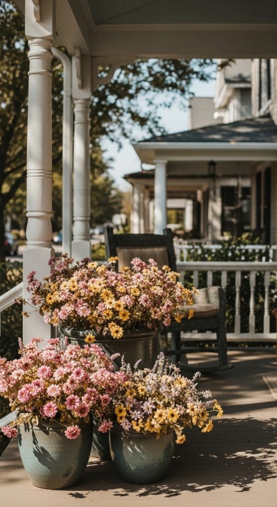 dried flowers in galvanized planters on front porch