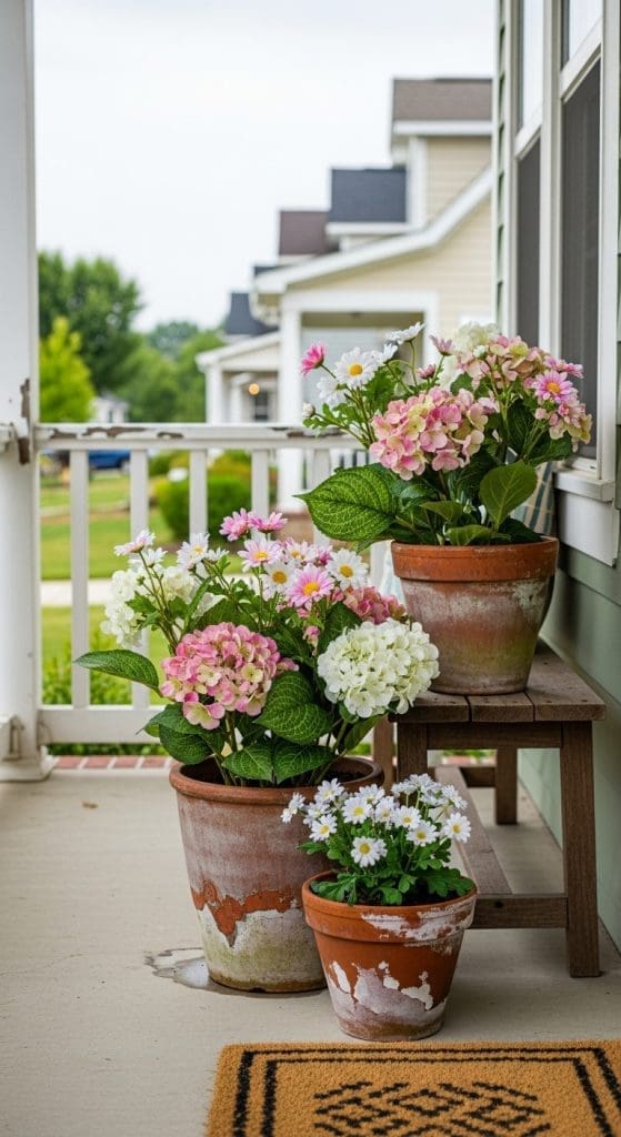 Terracotta pots with faux pink flowers on front potch
