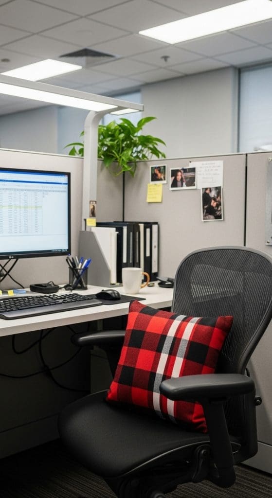 a red and black plaid cushion on a office chair