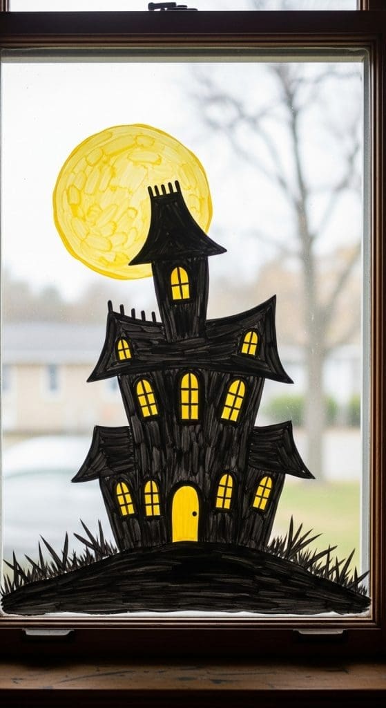 simple DIY window painting of a scary ghost house