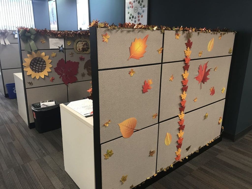 fall decals on cubicle walls in autumn leaves and sunflowers Office Thanksgiving ideas