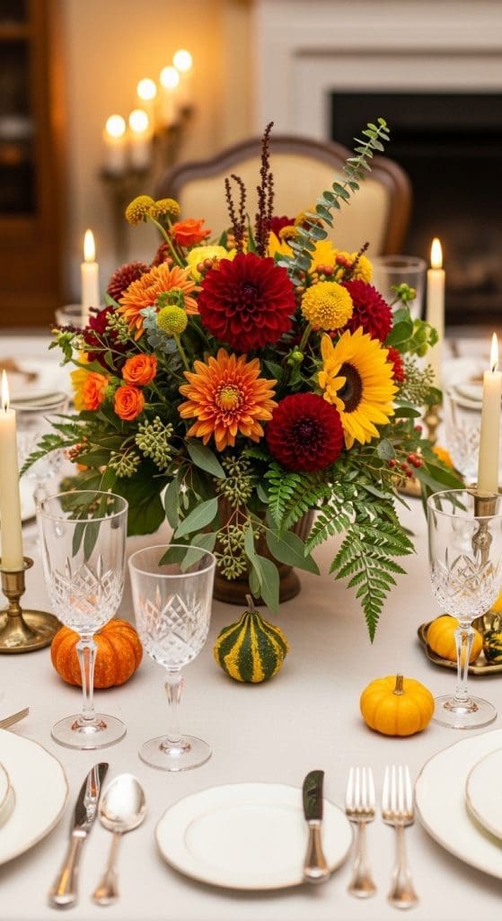 mixed fall flowers in red, orange and yellow in low vase on table with candles