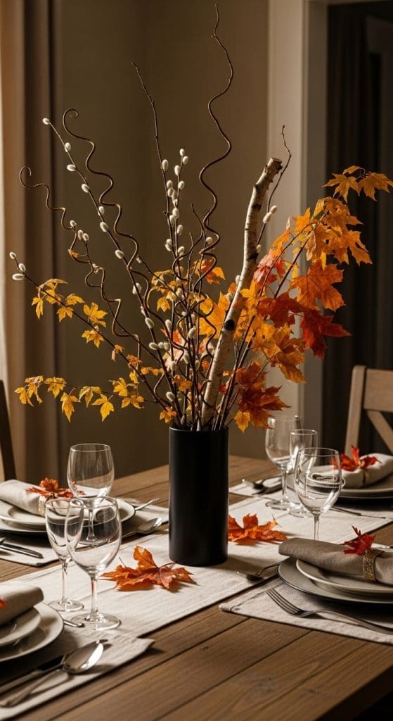 Branches and orange leaves in a tall modern black vase on thanksgiving table