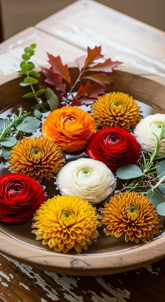 wooden dough bowl with florating flowers