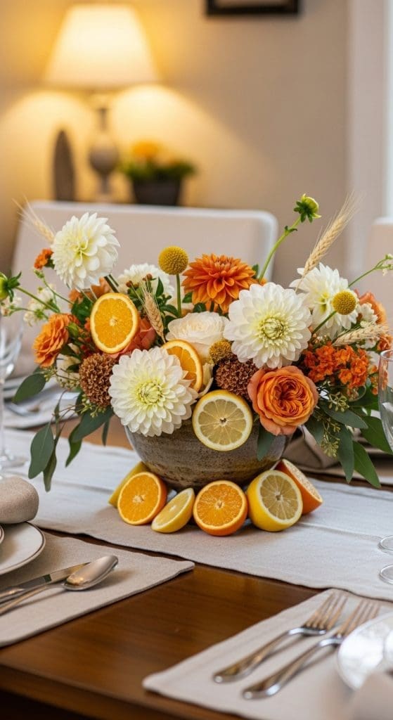 citrus themed floral arrnagement for thanksgiving on dining room table