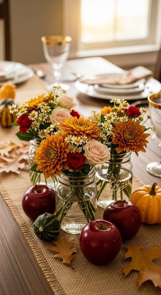 Thanksgiving Floral Arrangements using small mason jars and florals