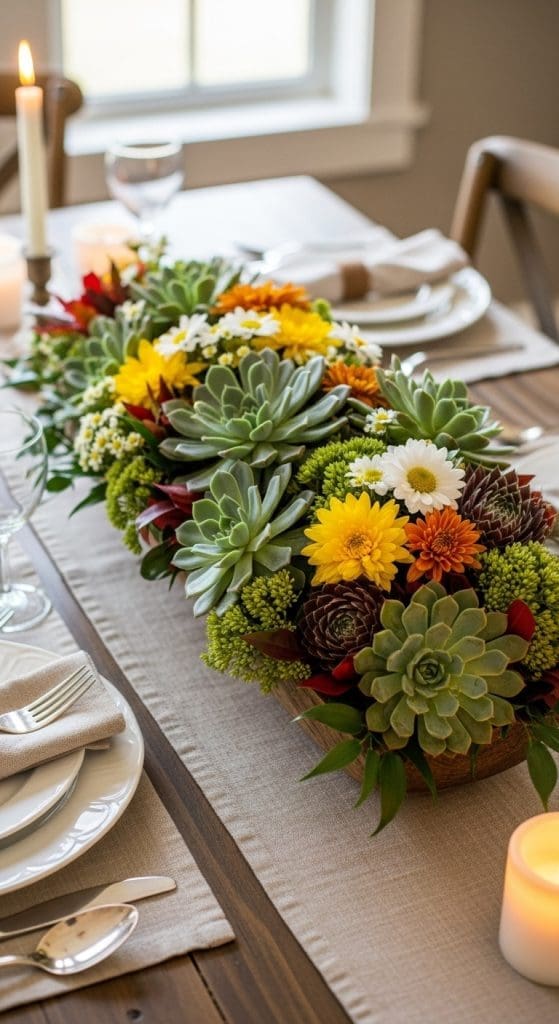 low profile succulents on a table with yellow and white flowers