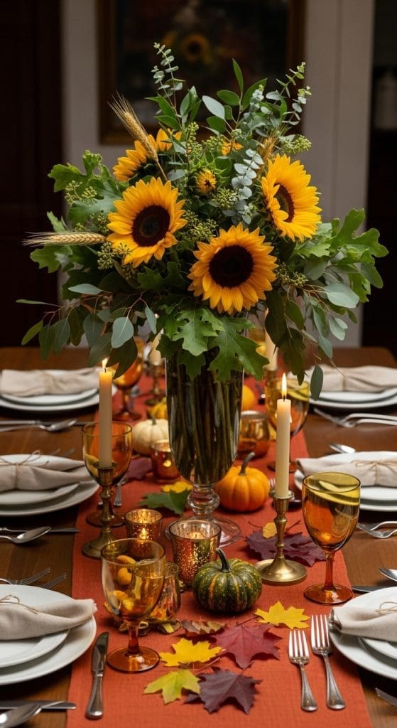 Sunflowers in a tall vase on a Thanksgiving tablescape