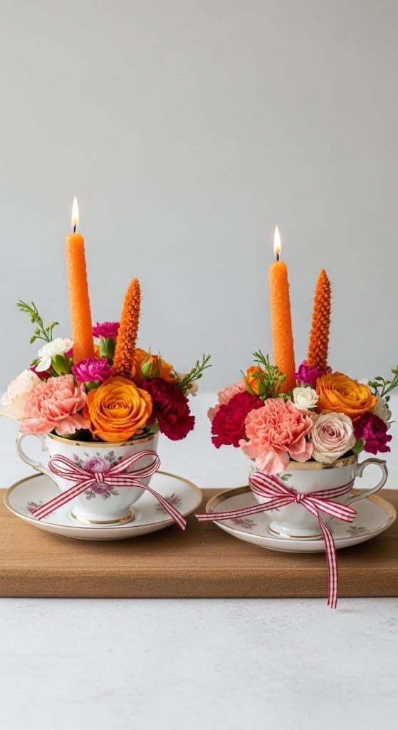 teacups with pink and white flowers and orange candles