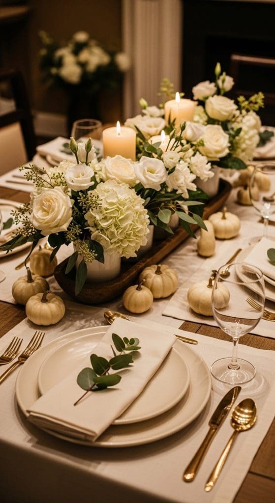 Thanksgiving Floral Arrangements on a dining room table using white flowers