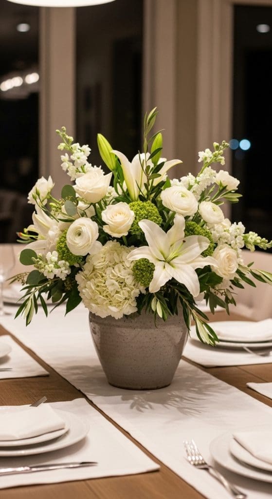 White roses and lilies in a grey vase on modern thanksgiving table